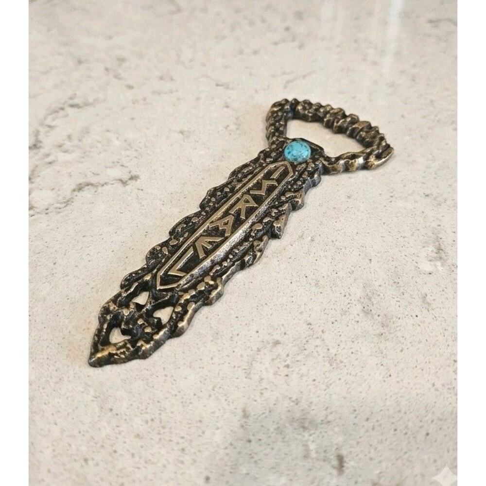 ​Vtg Brutalist Brass Israel Bottle Opener Mid Century Eilat Turquoise Stone Art